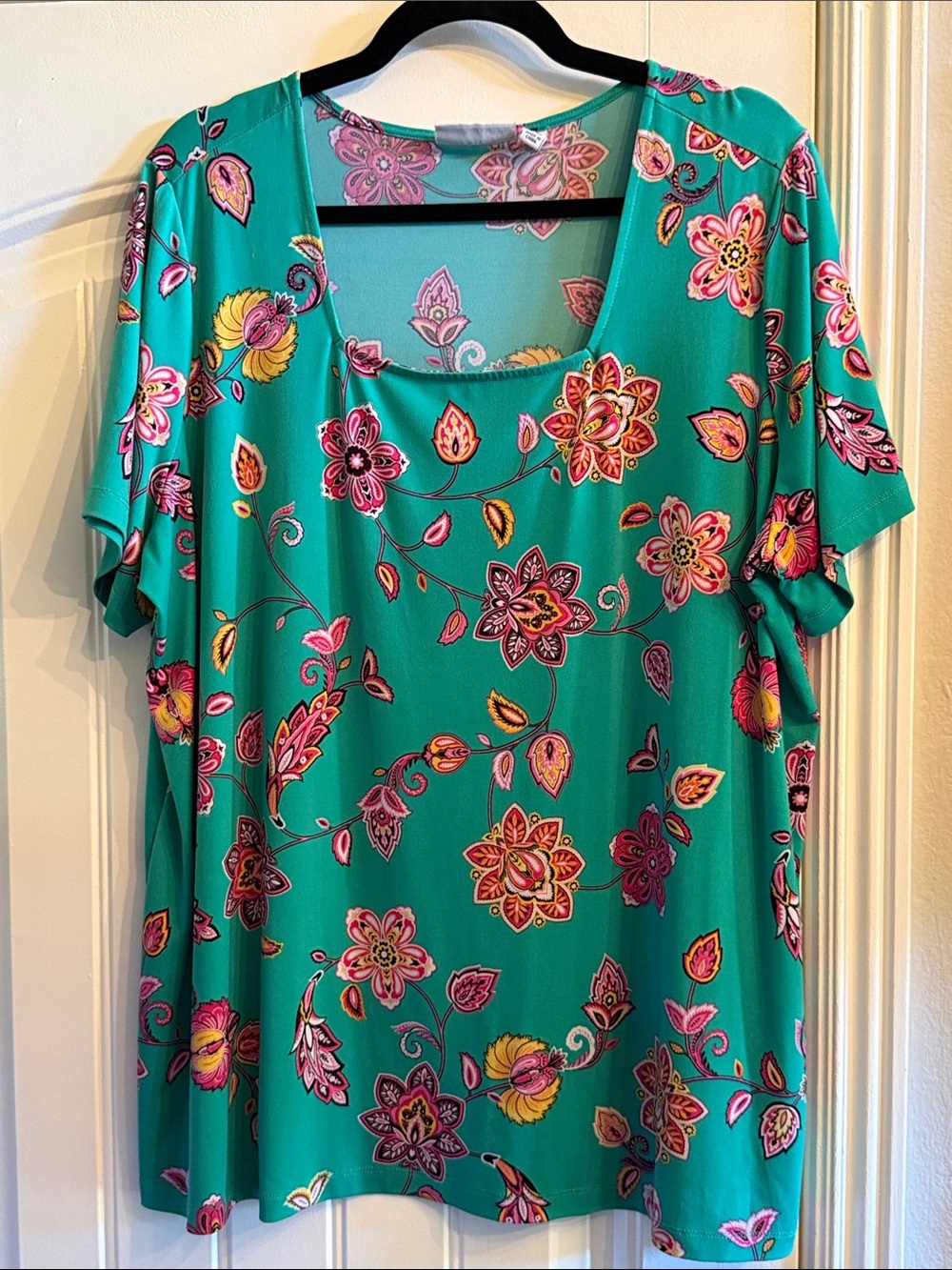 Susan Graver Teal Short-Sleeve Floral Scoop Neck Top